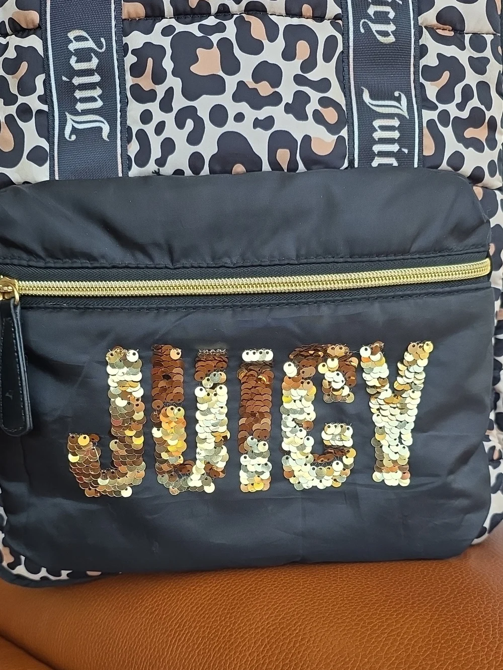JUICY COUTURE Large Leopard Print Quilted Backpack With Gold Sequin Logo
